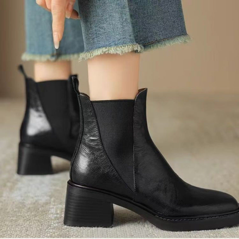 Bottes en Cuir Souple à Talons Épais