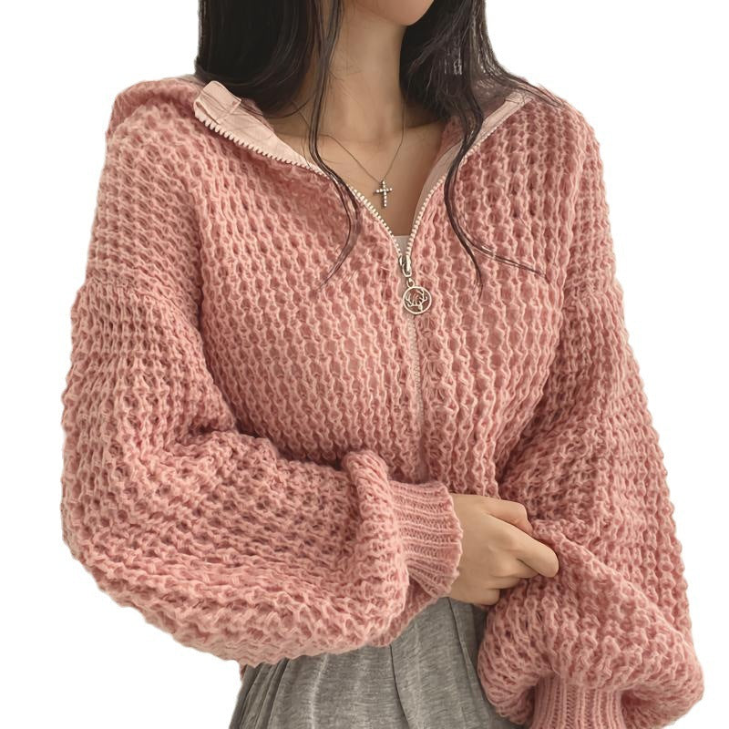 Cardigan Court à Capuche en Tricot Épais