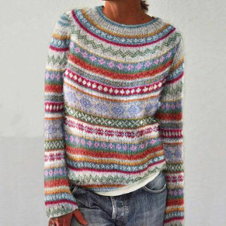 Pull Femme Multicolore à Col Rond